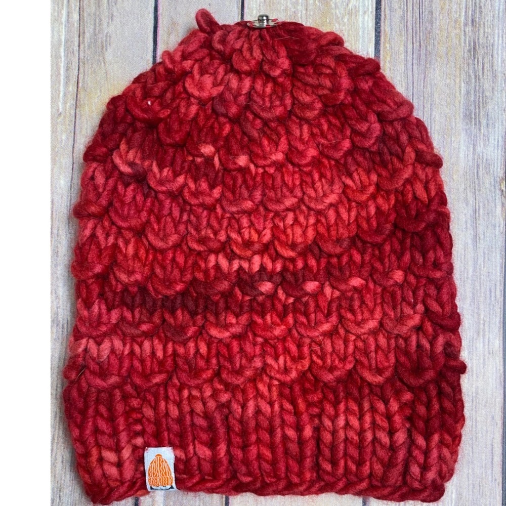 Shxt That I Knit STIK Red Merino Wool Hand Knit Beanie Hat with Pom Snap